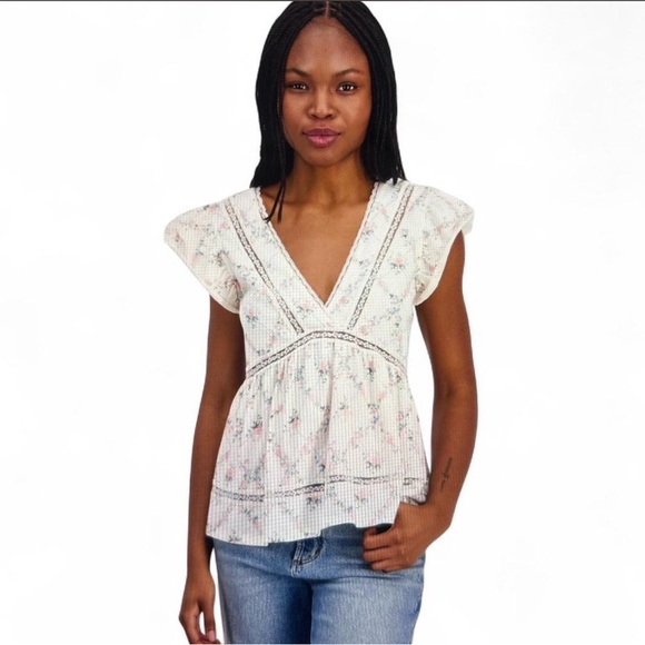 Self Esteem Tops - Self Esteem Floral V-Neck Blouse - Cream and Pink